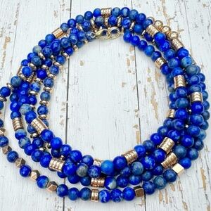 Artisan Royal Blue Lapis & Gold Lava Stone Statement Wire Wrap Bracelet